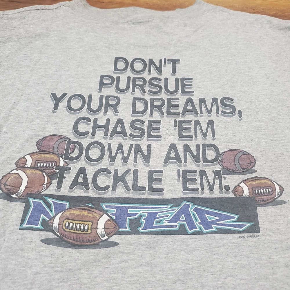 Vintage 90s No Fear Football T Shirt Mens XL Grey Single Stitch 1996 Graphic Tee
